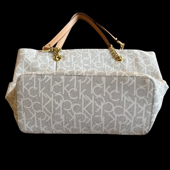 Calvin Klein CK Large Designer Purse Chain Tote White Tan Logo Monogram Hayden L - Picture 12 of 12